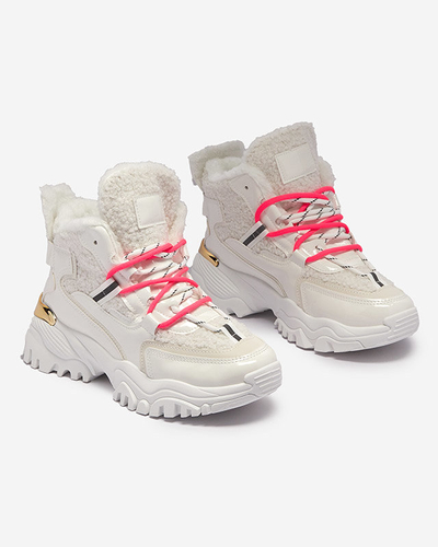 Fehér női sportcipő szőrmével és neonrózsaszín fűzővel Sagglo- Footwear