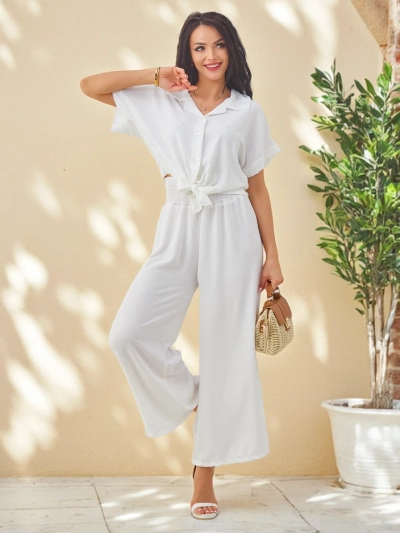 Royalfashion Női szett, megkötős, rövid ujjú inggel és flared nadrággal, strasszokkal díszítve