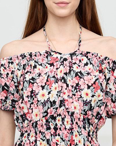 Hosszú nyári fekete ruha nőknek világos rózsaszín virágokkal - Ruházat