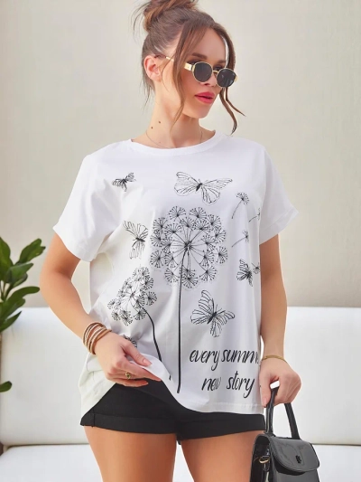 Royalfashion Női pamut póló pitypanggal és egy lepkével