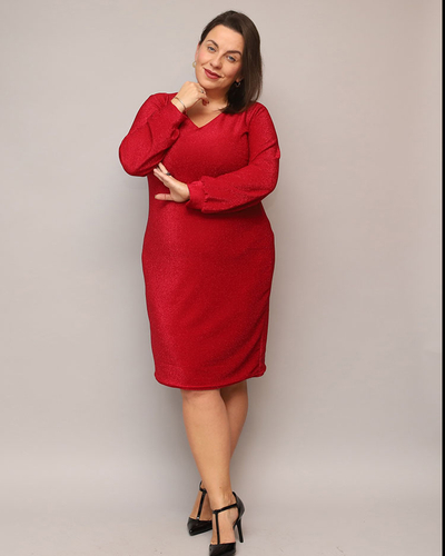 Royalfashion Csillogó női ruha térd előtt piros színben PLUS SIZE