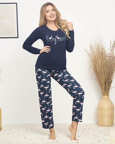 Sötétkék 2 részes, flamingós női pizsama - Ruházat