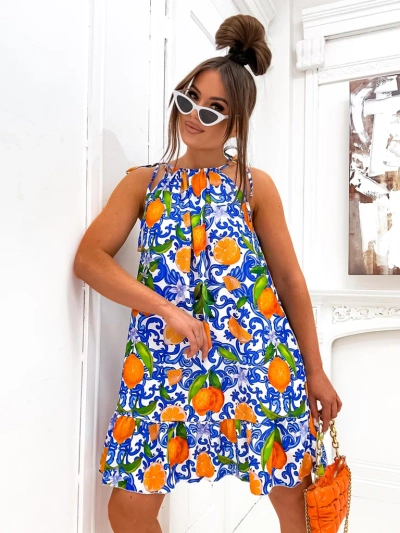 Royalfashion női mini pántos ruha derékpánttal, divatos narancssárga mintákkal