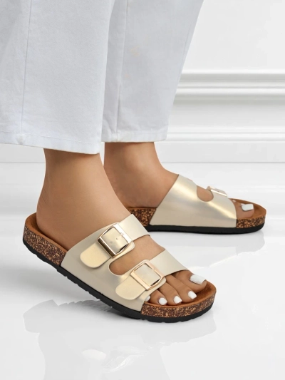 Royalfashion Aurelia gold női szandál – lapos öko bőr papucs (39-es méret)