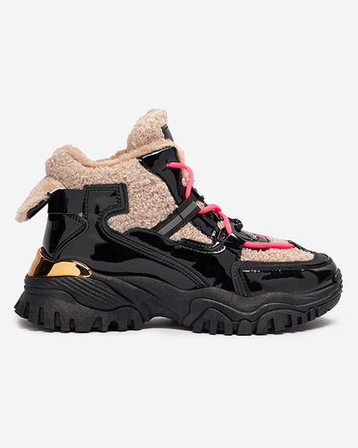 Fekete női sportcipő szőrmével és neonrózsaszín fűzővel Adbo- Footwear