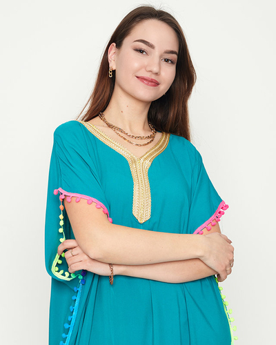 Női zöld nyári strandtunika pomponokkal - Ruházat