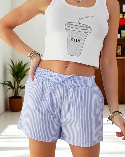 Royalfashion Női rövidnadrág elasztikus derékkal és zsinórral csíkos mintával