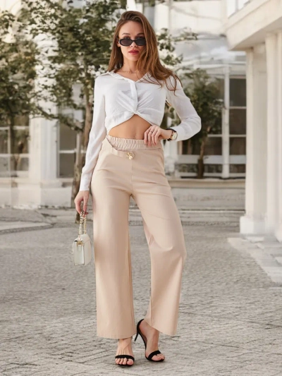 Royalfashion Női széles pamutszárú nadrág öv-szerű díszítéssel