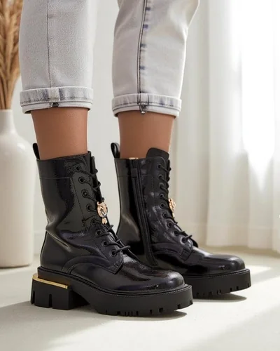 Royalfashion Női lakkbőr munkás bokacsizmák Tesiolle