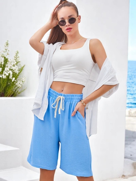 Royalfashion Rövid női short elasztikus derékpánttal és zsinórokkal, térdig érő