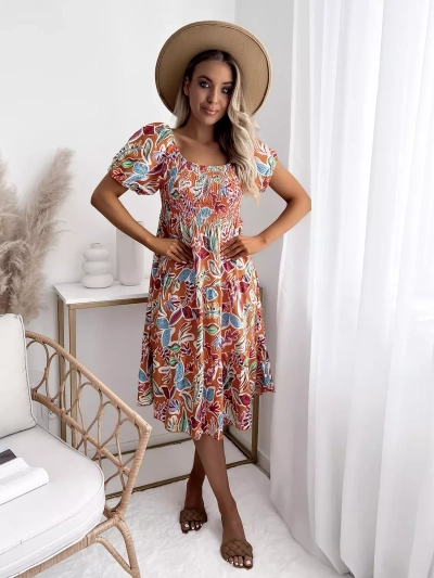 Narancssárga rövid női ruha nyitott vállakkal - Ruházat