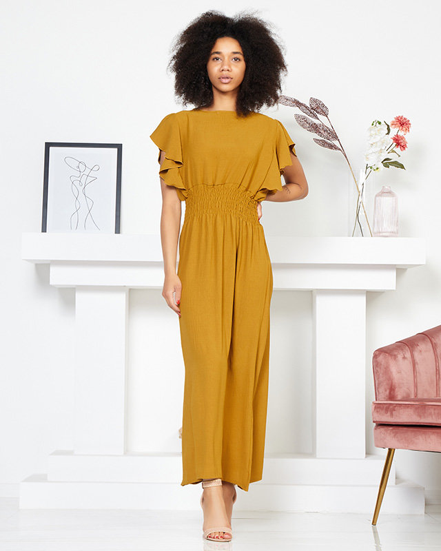 Midi ruha elasztikus derékkal, mustár színben - Ruházat