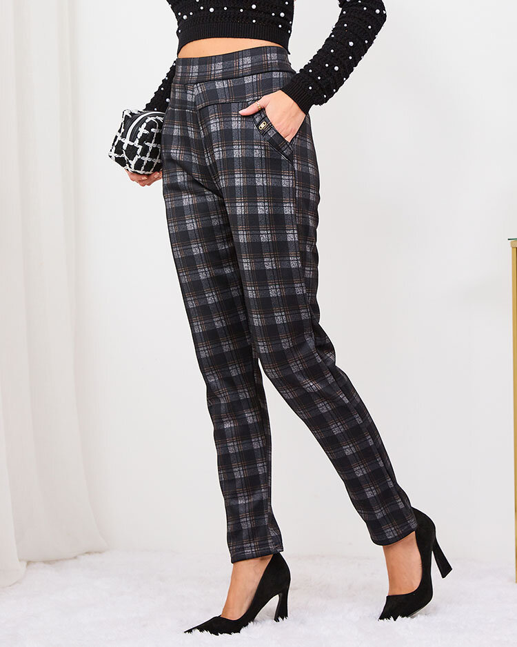 Royalfashion Szürke-barna női szigetelt kockás treggings