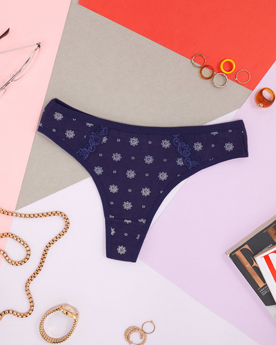 Sötétkék női pamut tanga virágokkal - Fehérnemű