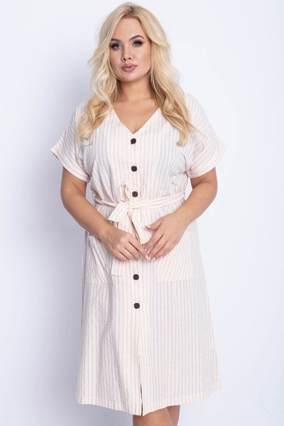 Beżowa sukienka w paski PLUS SIZE - Odzież