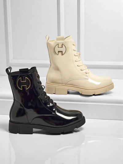 Kalen lakkozott fűzős női bokacsizma