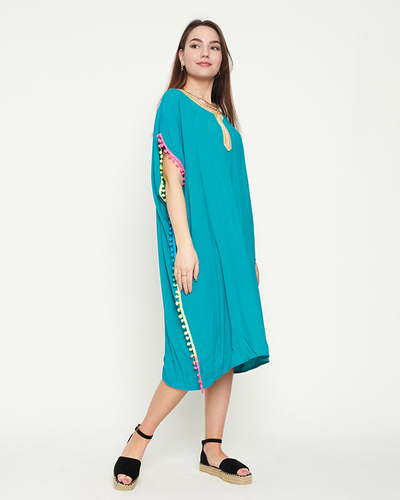 Női zöld nyári strandtunika pomponokkal - Ruházat