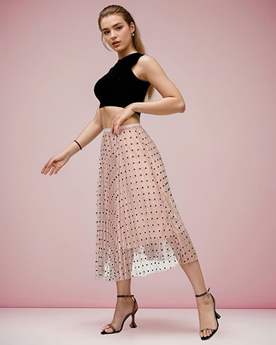 Royalfashion Női dupla rétegű pöttyös pöttyös midi szoknya