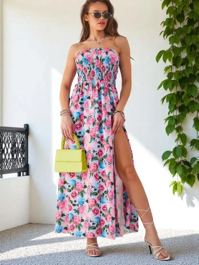 Royalfashion Mintás női midi ruha ujj nélkül, széles elasztikus pánttal és hasítékokkal az alján