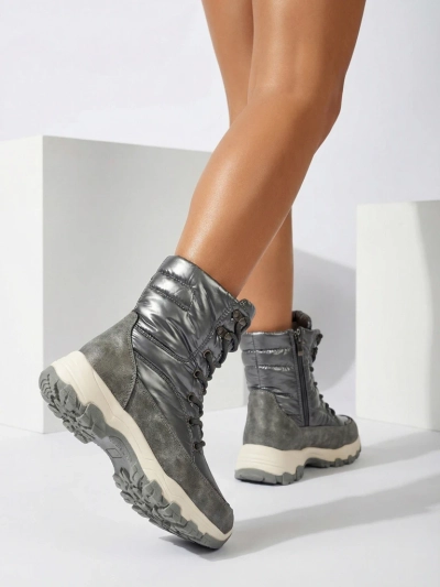 Aurora ezüst színű, ökológiai bőr női bokacsizma, alkalmi, télre