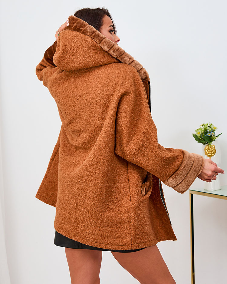 Royalfashion Camel női rövid kabát szőrmével