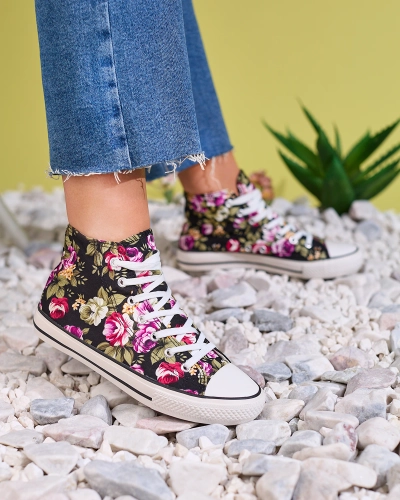 Royalfashion Női magas fekete tornacipő virágmintával Soxic