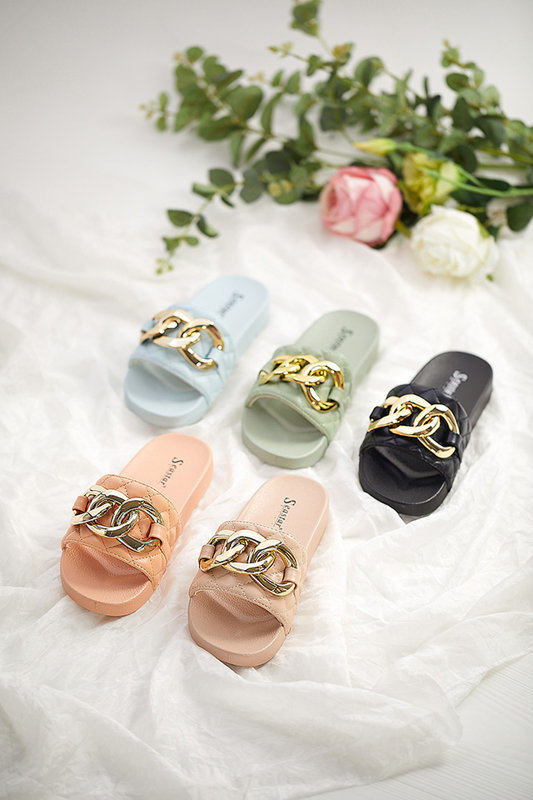 OUTLET Női korall steppelt papucs arany lánccal Eteris - Lábbeli