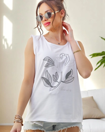 Royalfashion Pamut női ujjatlan felső strasszokkal VIRÁGOK