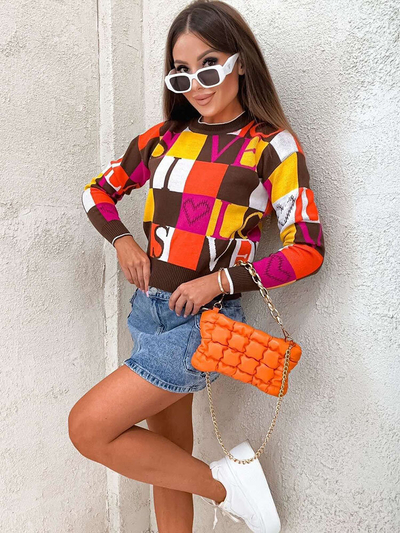 Royalfashion Sötétbarna mintás női pulóver