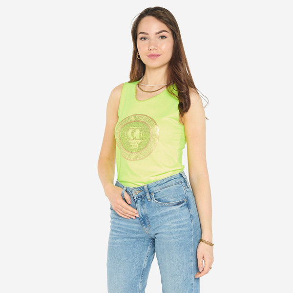 Sárga neon blúz pántokon nyomattal és cirkóniával - Ruházat