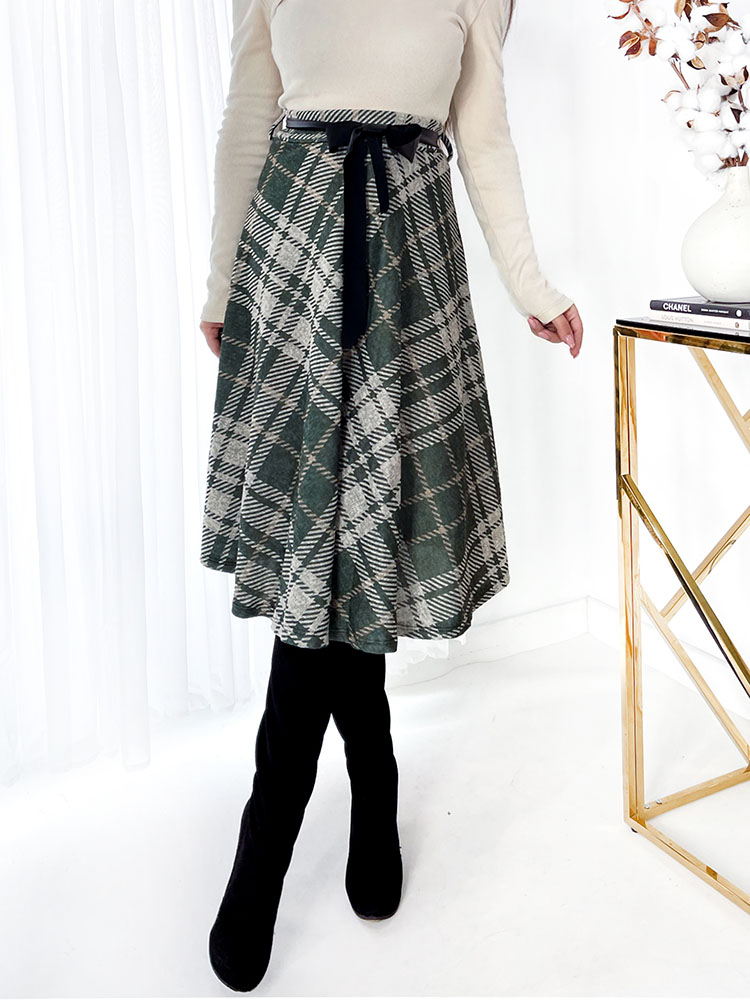 Royalfashion Zöld-szürke női kockás midi szoknya