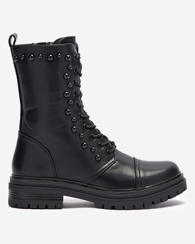 OUTLET Fekete női fűzős csizma gyöngyökkel Gunny- Footwear
