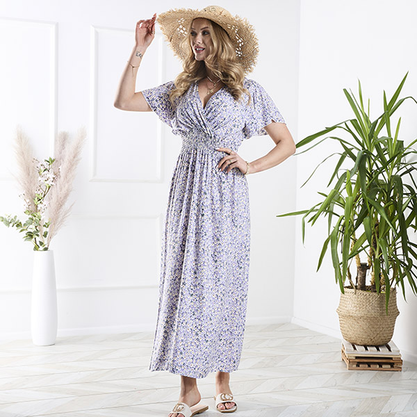 Hosszú, lila női ruha apró virágokkal - Ruházat