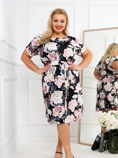 Royalfashion Női térdihosszú ruha rövid ujjal és rózsakötéssel