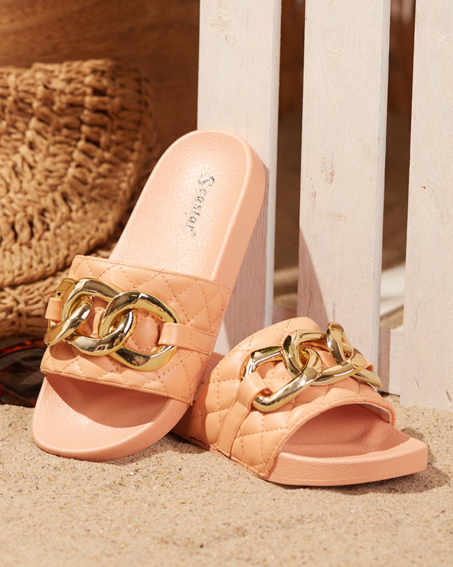 OUTLET Női korall steppelt papucs arany lánccal Eteris - Lábbeli