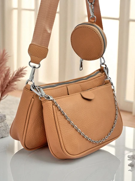 Aurora Multi női táska világosbarna öko bőrből, lánccal, cipzárral