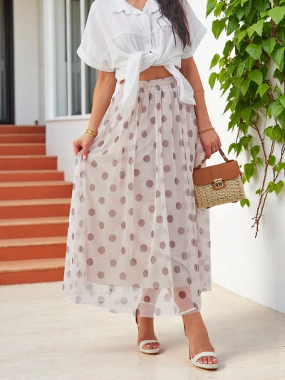 Royalfashion Női közép-hosszú viszkóz szoknya tüll pöttyökkel