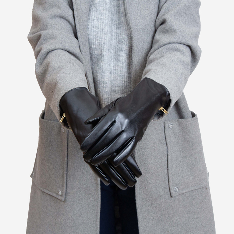 Fekete női öko-bőr kesztyű dekoratív cipzárral - kiegészítők