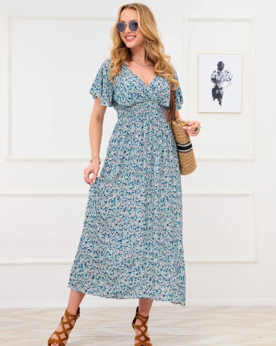 Zöld női virágos ruha borítékolt nyakkivágással - Ruházat