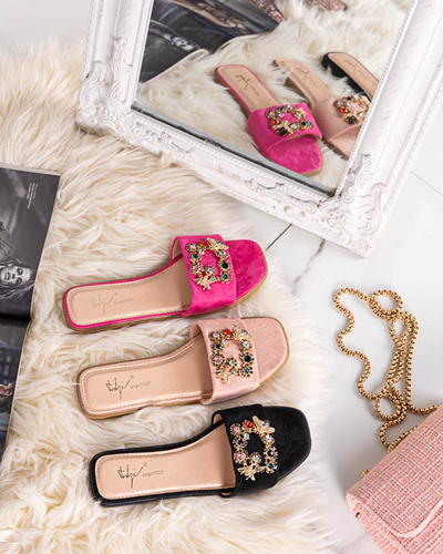 Női rózsaszín eco velúr papucs arany csattal Kom- Footwear