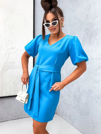 Royalfashion Női mini ruha puffos ujjakkal és V nyakkal
