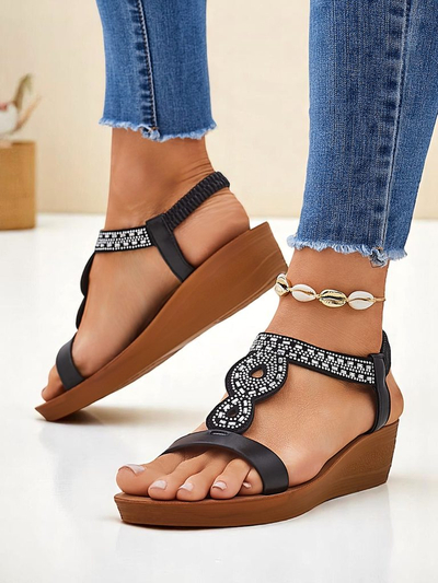 Sandały Koturny Perseida Royalfashion czarne z eko-skóry z kryształkami 4,5cm