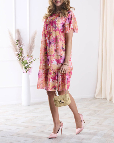 Női térdig érő ruha rózsaszín-narancssárga mintával és fodorral- Ruházat