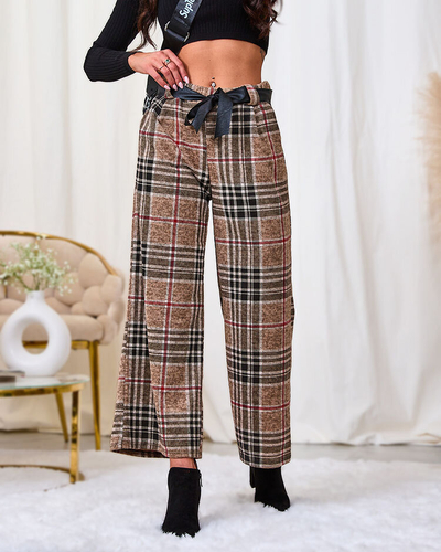 Royalfashion Bézs női széles kockás nadrág