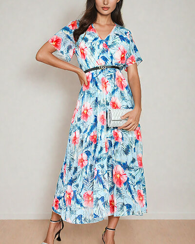 Royalfashion Női pliszírozott virágos midi ruha