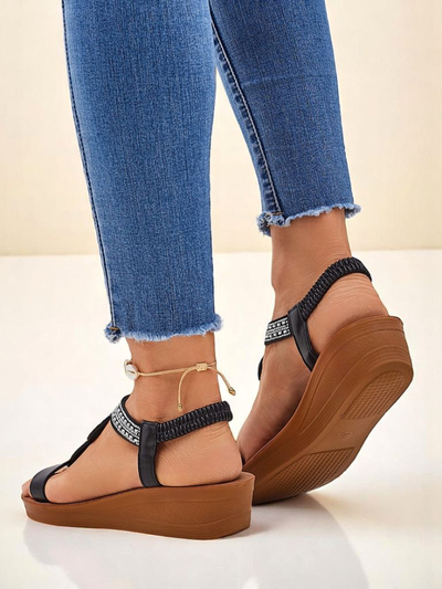 Sandały Koturny Perseida Royalfashion czarne z eko-skóry z kryształkami 4,5cm