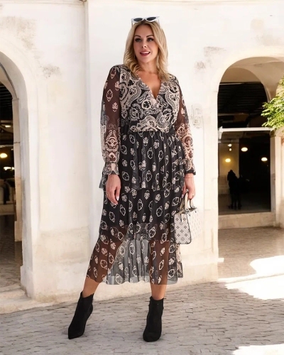 Royalfashion Fekete és bézs színű hálós midi ruha mintával