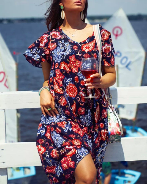 Royalfashion Tengerészkék női ruha színes virágmintával