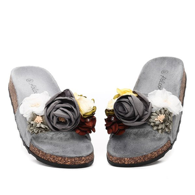 Szare klapki z kwiatkami Leslie- Obuwie