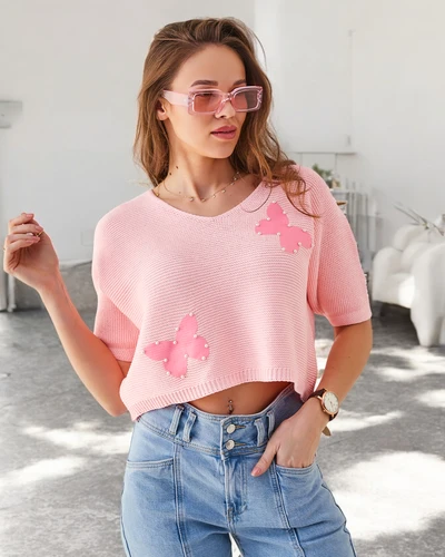 Royalfashion Női Pamut Rövid Pulóver Lepkékkel